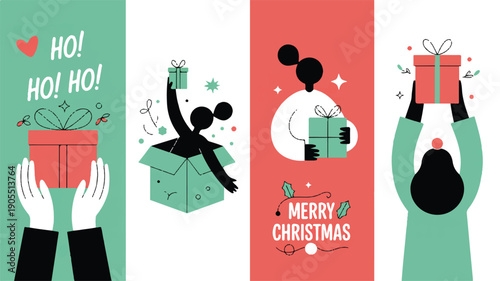Festive holiday greeting cards featuring abstract figures with gift boxes and Christmas greetings
