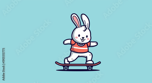 A white cartoon rabbit wearing an orange shirt rides a skateboard on a light blue background with a playful mood.