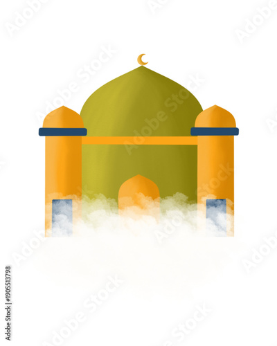 simple mosque illustration look like above the clouds. yellow and green mosque