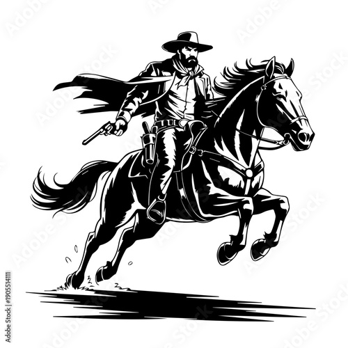 Bold Vector Western Illustration Featuring Cowboy With Revolver And Galloping Horse In High Contrast Classic Poster