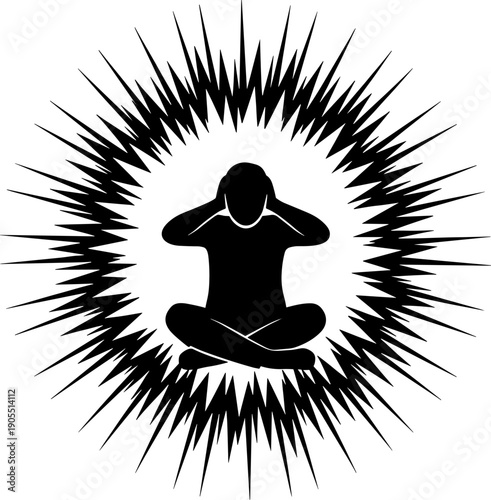 Mental Health  Sensory Overload Anxiety Vector: Stressed Person in Meditation Pose Covering Ears from Loud Noise and Chaos. Black Silhouette Icon Representing Stress, Pain, Headache, or Panic Attack.