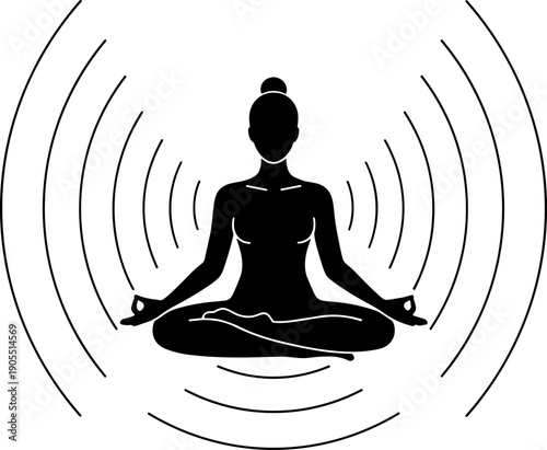 Mental Health Zen Meditation Silhouette Vector: Female figure in Padmasana radiating spiritual energy waves, symbolizing tranquility, chakra alignment, inner peace, mindfulness, and holistic wellness.