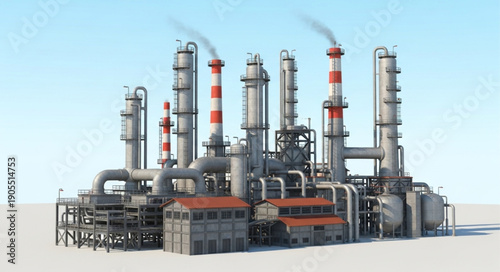 Industrial Oil Refinery Plant with Smokestacks and Pipes.