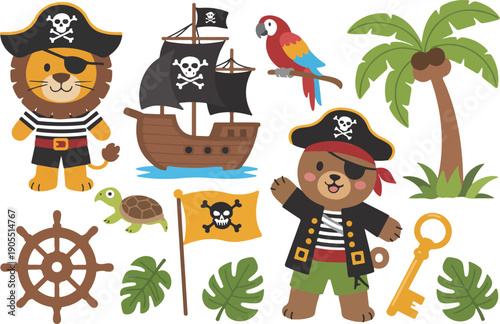 Cute Pirate Animals Flat Vector Illustration Set Lion, Bear, Parrot, and Ship Adventure