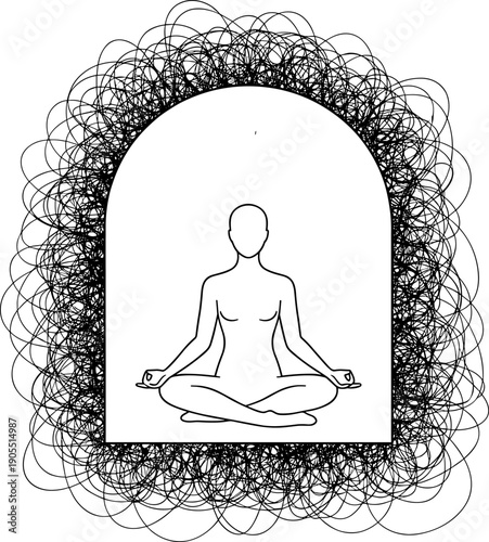 Zen Meditation Outline: Woman Finding Calmness in Lotus Pose, Encapsulated by an Abstract, Chaotic Scribble Border. Black and White Vector Graphic for Mental Wellness and Balance.