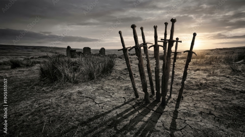 Obraz premium Ancient Rusty Swords Stuck in Cracked Earth
