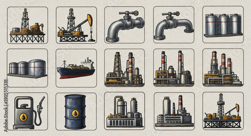 Collection of industrial oil and gas industry icons.