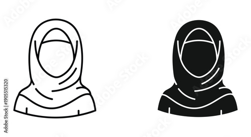 Muslim woman wearing hijab, simple line art, black and white illustration