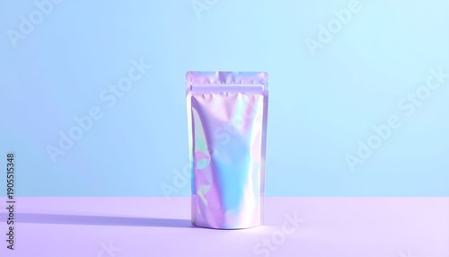 Iridescent bag stands on a pink surface against a pastel blue backdrop, bathed in soft, colorful, dreamy light