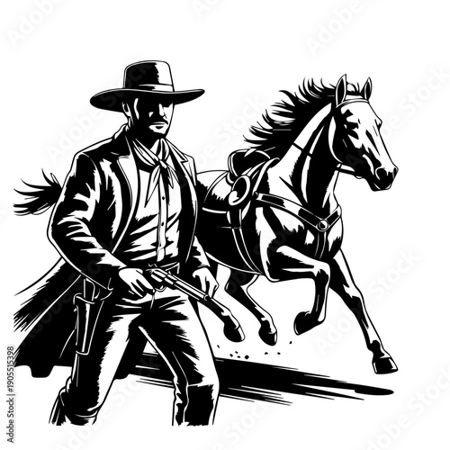 Bold Vector Western Illustration Featuring Cowboy With Revolver And Galloping Horse In High Contrast Classic Poster