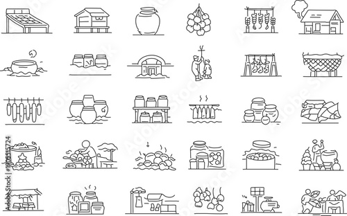 A Collection of Simple Line Art Icons for Food Production and Processing