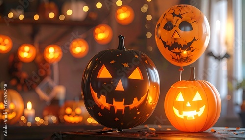 Halloween setup with glowing pumpkins, balloons, and string lights creating a festive, warm, & spooky atmosphere