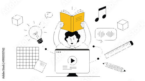 Minimalist line art illustration of a person reading a book in front of a computer surrounded by learning and creativity icons