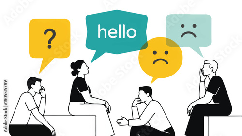 Minimalist illustration of people communicating with speech bubbles, conveying emotions and greetings