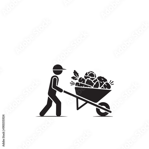 Black silhouette of a person pushing a wheelbarrow full of garden waste isolated on white background