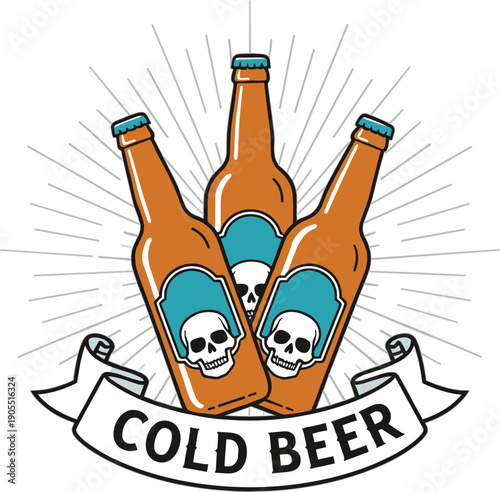 Vintage craft beer vector illustration with three glass bottles featuring skull labels, a retro sunburst, and ribbon banner.