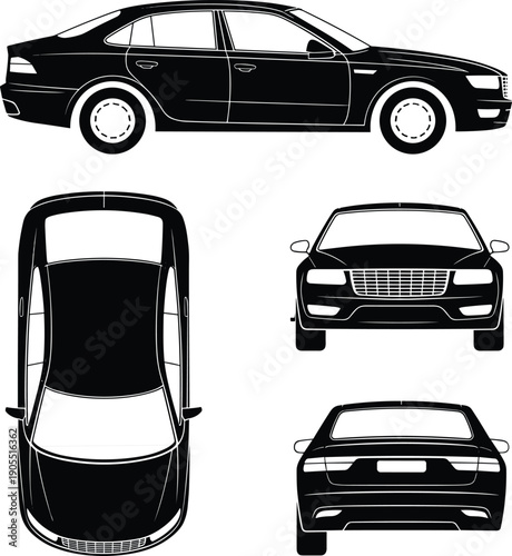 Car silhouettes, sedan vector, side top front rear views, automotive design, vehicle illustration, black white art, stock icon, transport graphic