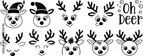 Cartoon reindeer faces silhouettes, Christmas design, Santa hats, festive expressions, holiday decoration, funny antlers, winter artwork, seasonal vector illustration