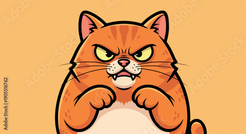 Angry orange cartoon cat with green eyes and fists up against a solid orange background in a comic style.