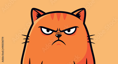 Digital illustration of an angry orange cat with a frowning face and a solid peach background.