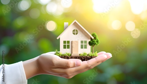 Hand holding a tiny house atop soil with tree, against a bright green blurry background