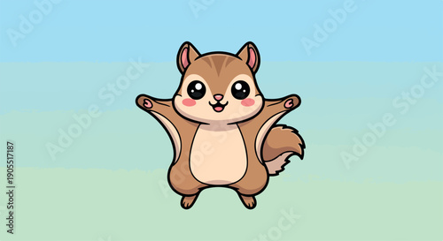 Full-body illustration of a cute cartoon chipmunk with outstretched arms and rosy cheeks against a pastel blue and green gradient background.