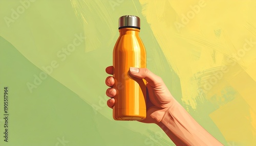 Hand holds an orange water bottle against a green and yellow painted style background, lit from the right