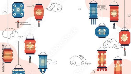 Elegant hanging chinese lanterns in red and blue shades celebrate oriental culture and festive holiday traditions.