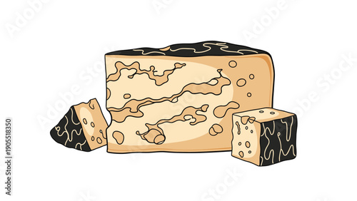 Gourmet wedge of artisanal blue cheese is displayed alongside small cut pieces showing the characteristic dark veins.