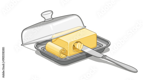 Stick of fresh butter sits on a dark ceramic dish with a silver knife ready for spreading a delicious snack.