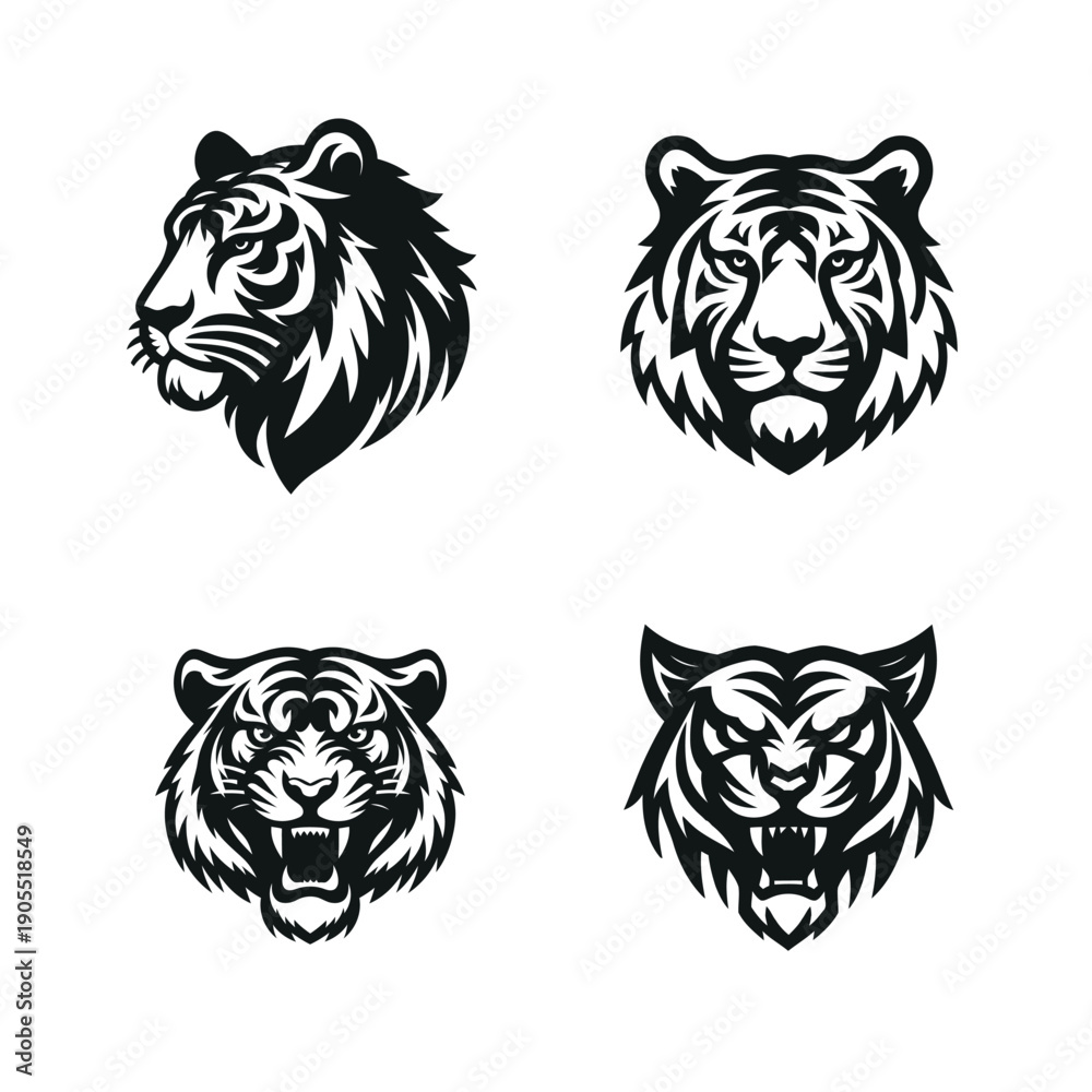 Fototapeta premium 4 tiger head vector silhouette bundle