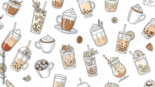 Variety of boba tea and coffee drinks are scattered across a clean background in a trendy seamless pattern design.