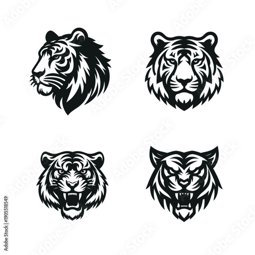 4 tiger head vector silhouette bundle