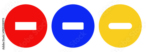 3 colors circular remove vector icons with minus signs with multiple style variants for UI and UX navigation controls.