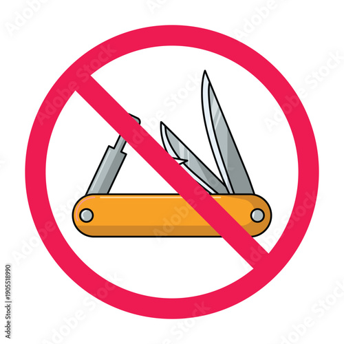 No multitool pocket knife sign, forbidden sign with multi tool pocket knife icon, folding knife prohibited symbol, do not use multitool pocket knife sign, vector illustration