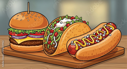 Delicious fast food burger taco and hot dog on a wooden board.