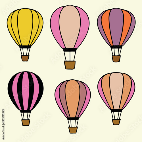 Six floating hot air balloons in flat design 