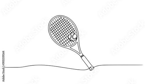 Tennis racket with ball continuous line art minimalist vector illustration