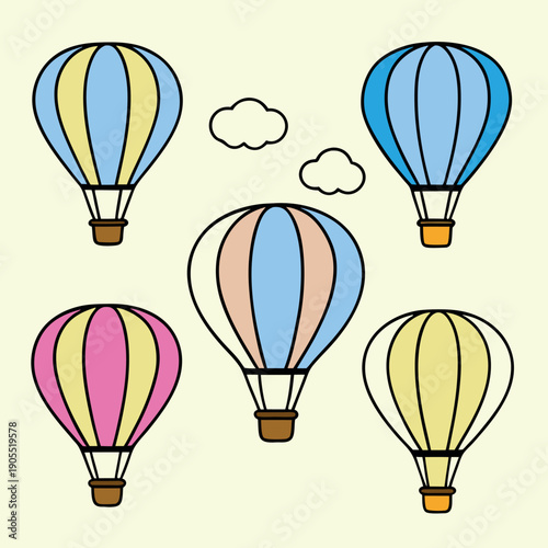 Six floating hot air balloons in flat design 