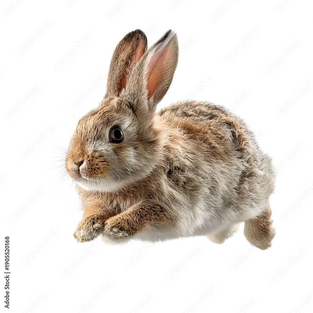 Fototapeta premium PNG of A cute brown rabbit leaps playfully in mid-air.