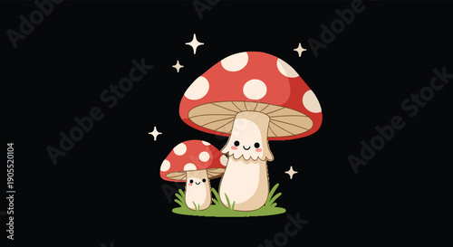 Two adorable red mushrooms with white spots and cute smiling faces growing in the green grass under twinkling stars on black background.