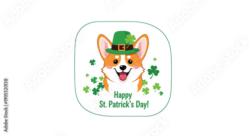 Happy corgi dog wearing a green leprechaun hat decorated with shamrocks celebrating st patricks day inside a rounded green frame.
