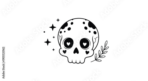 Stylized human skull decorated with black spots, heart eyes, and small hearts accompanied by a leafy branch and twinkling star symbols.