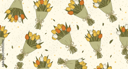 Seamless pattern of tulip bouquets wrapped in green paper scattered on a beige background with small yellow dots and fallen leaves.