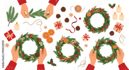 Hands creating handmade christmas wreaths with evergreen branches, pine cones, dried oranges, candles, and gift boxes from above.