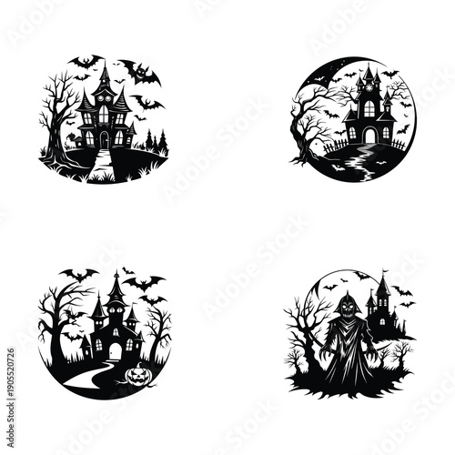 Haunted House Silhouette Set Dark Forest Horror Illustration
