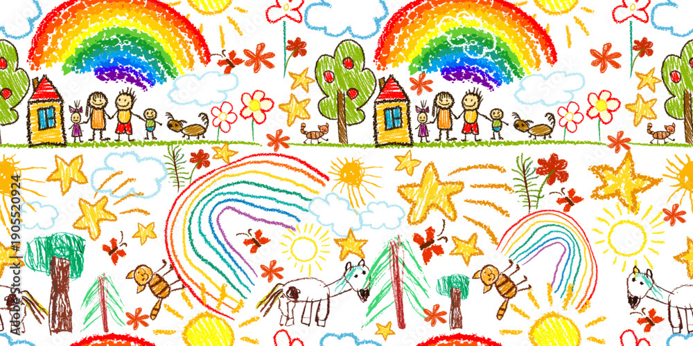 Fototapeta premium Cute kid doodle pattern. Seamless background with children's drawings. Hand drawn. Not AI, vector illustration.