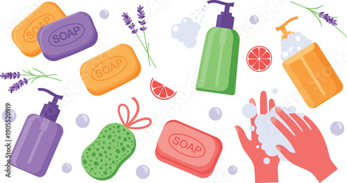 Vector illustration set of natural soap bars, liquid dispensers, lavender sprigs, and washing hands with bubbles for hygiene and skincare product design.