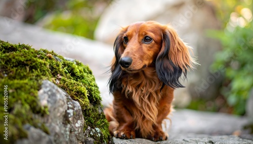 Long-haired, brown dachshund sitting on stone steps, with moss-covered rock to the left, blurred background