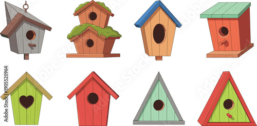 Hand drawn vector illustration set of colorful wooden birdhouses with various shapes heart hole moss roof and perch for garden wildlife decoration.